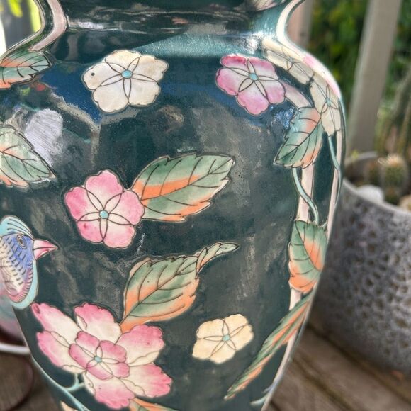 Vintage Chinoiserie Asian Lamp Blue Green Pink Bird Floral 25” Tall - Picture 7 of 16